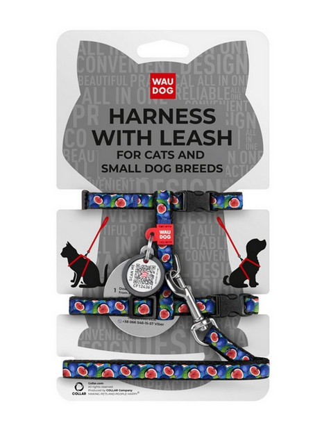Collar WauDog Nylon Szelki ze smyczą nylonowe anatomiczne w kształcie litery H, z QR-paszportem, plastikowy fastex, wzór FIGA, r