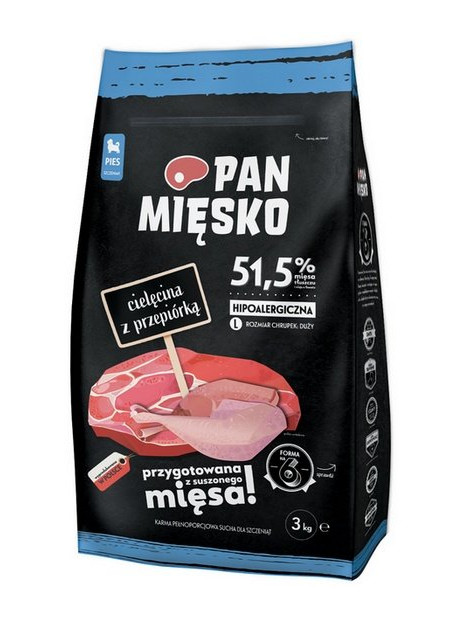 Pan Mięsko Karma sucha dla psa - dla szczeniąt cielęcina i przepiórka chrupki L 3kg