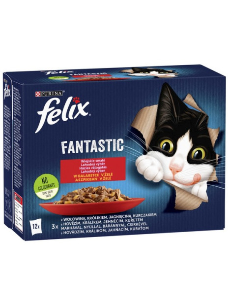 Felix Fantastic Wiejskie Smaki w galaretce kurczak/wołowina/królik/jagnięcina saszetki 12x85g