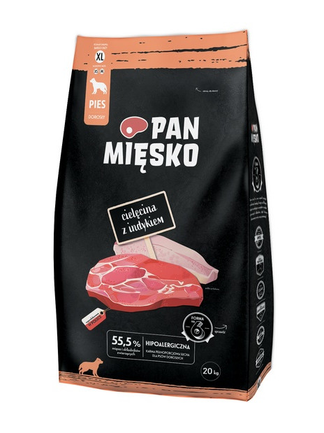 Pan Mięsko Karma sucha dla psa - cielęcina i indyk chrupki XL 20kg