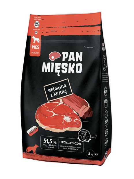 Pan Mięsko Karma sucha dla psa - wołowina i kozina chrupki XS 3kg