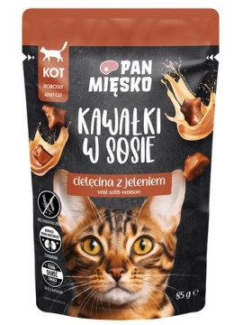 Pan Mięsko Karma mokra dla kota - cielęcina i jeleń kawałki w sosie saszetka 85g