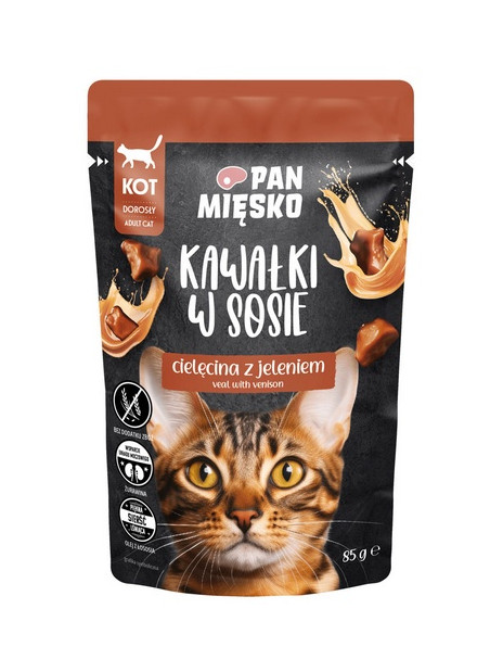 Pan Mięsko Karma mokra dla kota - cielęcina i jeleń kawałki w sosie saszetka 85g