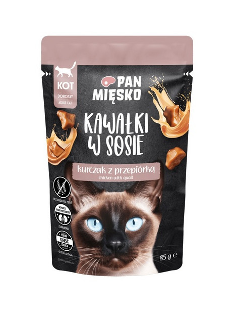 Pan Mięsko Karma mokra dla kota - kurczak i przepiórka kawałki w sosie saszetka 85g