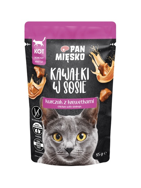 Pan Mięsko Karma mokra dla kota - kurczak i krewetki kawałki w sosie saszetka 85g