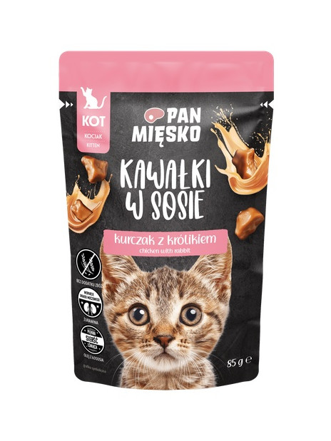 Pan Mięsko Karma mokra dla kota - Kitten kurczak i królik kawałki w sosie saszetka 85g