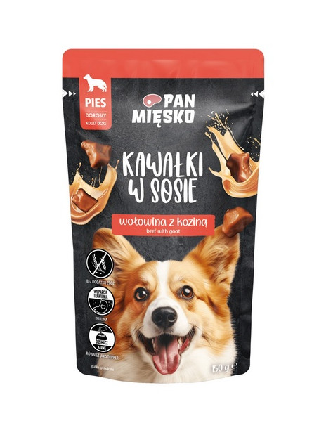Pan Mięsko Karma mokra dla psa - wołowina z koziną kawałki w sosie saszetka 150g
