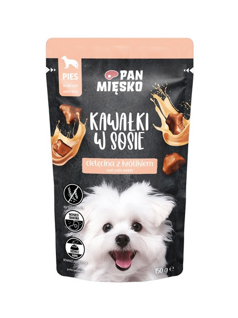 Pan Mięsko Karma mokra dla psa - cielęcina z królikiem kawałki w sosie saszetka 150g