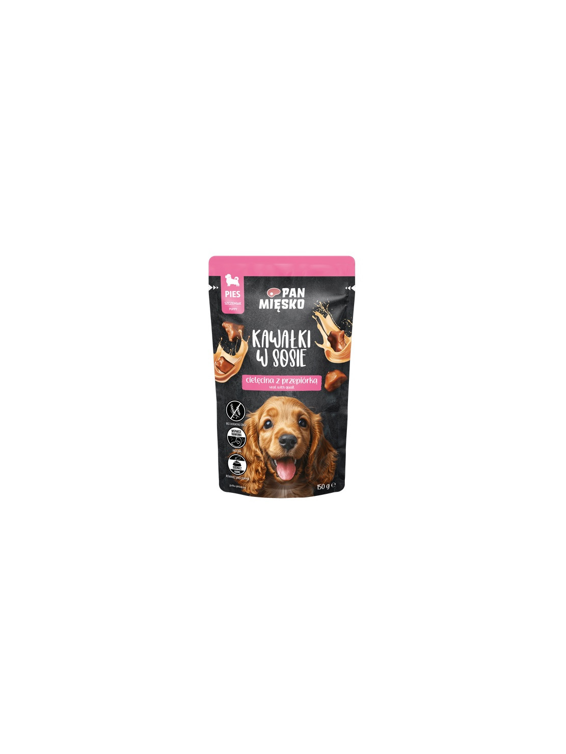 Pan Mięsko Karma mokra dla psa - Puppy cielęcina z przepiórką kawałki w sosie saszetka 150g