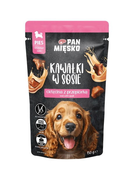 Pan Mięsko Karma mokra dla psa - Puppy cielęcina z przepiórką kawałki w sosie saszetka 150g