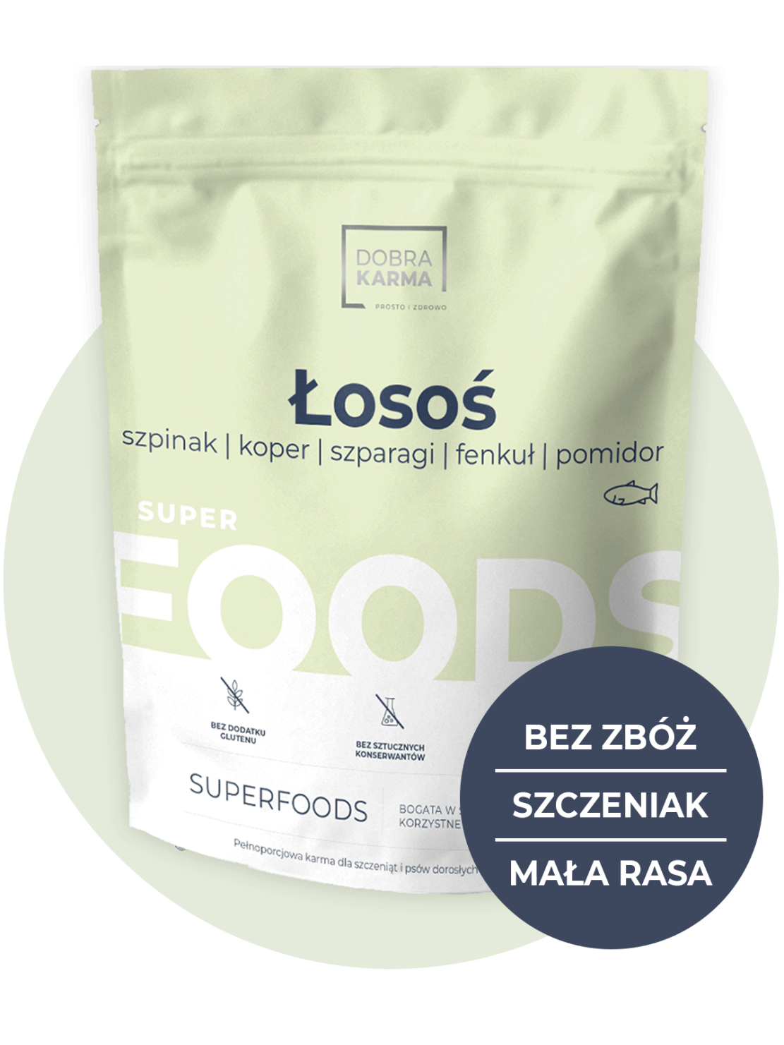Bezzbożowa DobraKARMA dla Szczeniaka Superfoods - łosoś | szpinak | koper | szparagi | fenkuł | pomidor 2kg