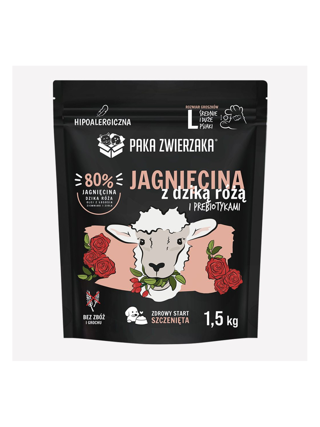 Karma sucha dla psa PAKA ZWIERZAKA jagnięcina i dzika róża PUPPY L 1,5 kg