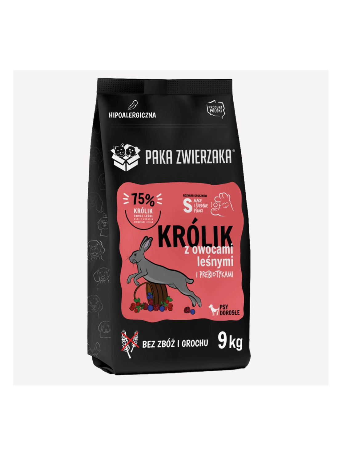 Karma sucha dla psa PAKA ZWIERZAKA królik z owocami leśnymi S 9 kg