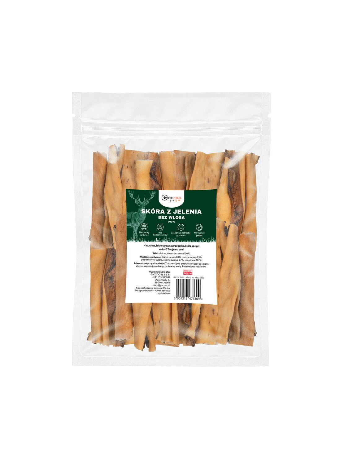 Gaczoo przysmak dla psa Skóra z jelenia 500g