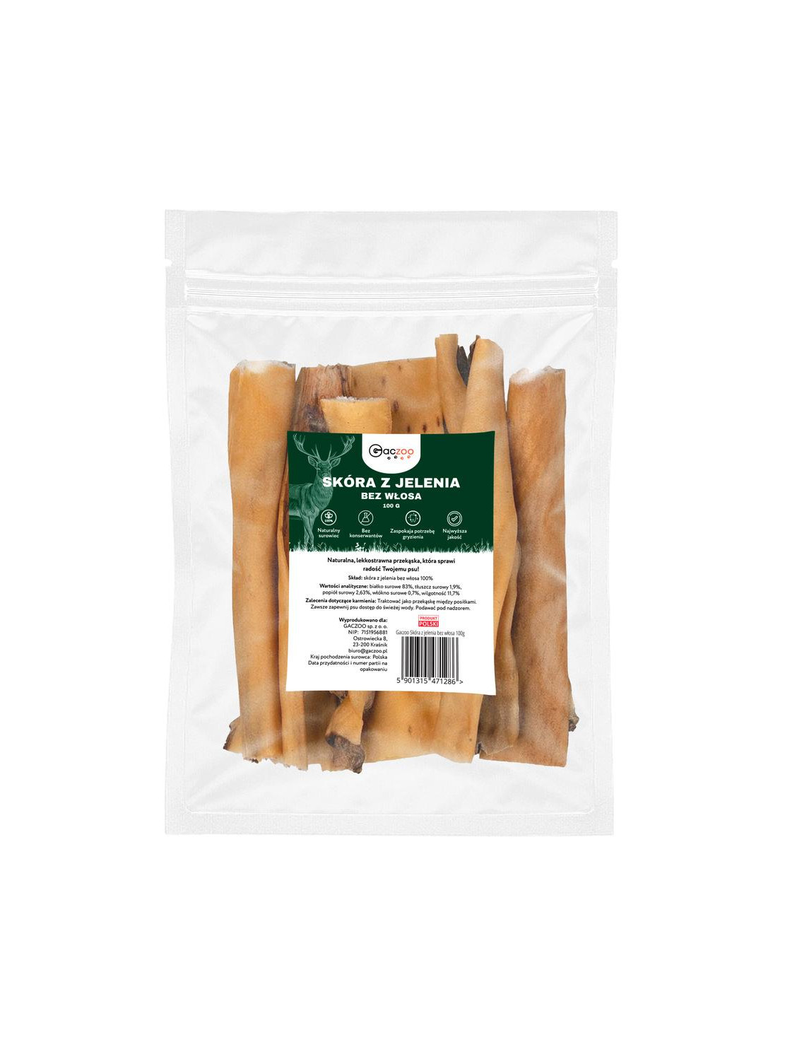 Gaczoo przysmak dla psa Skóra z jelenia 100g