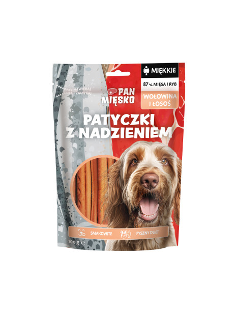 Pan Mięsko Miękkie patyczki z nadzieniem Wołowina i łosoś 100 g | Przysmak dla psa dorosłego
