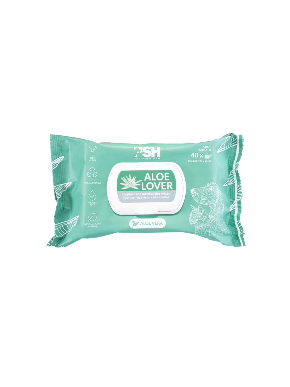 PSH Aloe Lover Wipes (40 szt.) – Oczyszczająco-Nawilżające Chusteczki Pielęgnacyjne z Aloesem dla Psa i Kota