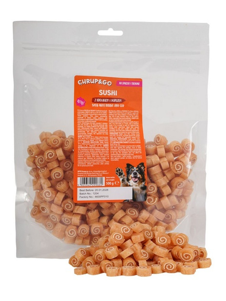 Chrup&Go Przysmak dla psa Sushi królik & dorsz 500g
