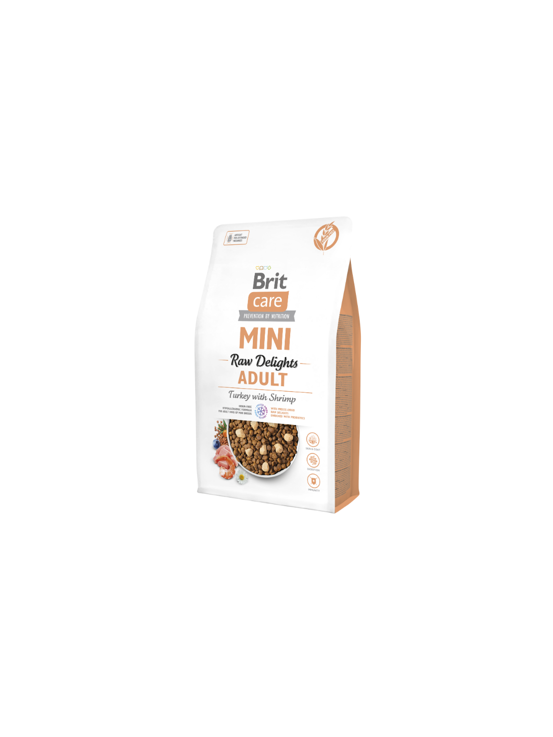 Brit Care Mini Grain-Free Raw Delights Turkey & Shrimp 2 kg – Bezzbożowa karma z indykiem, krewetkami i liofilizowanym mięsem