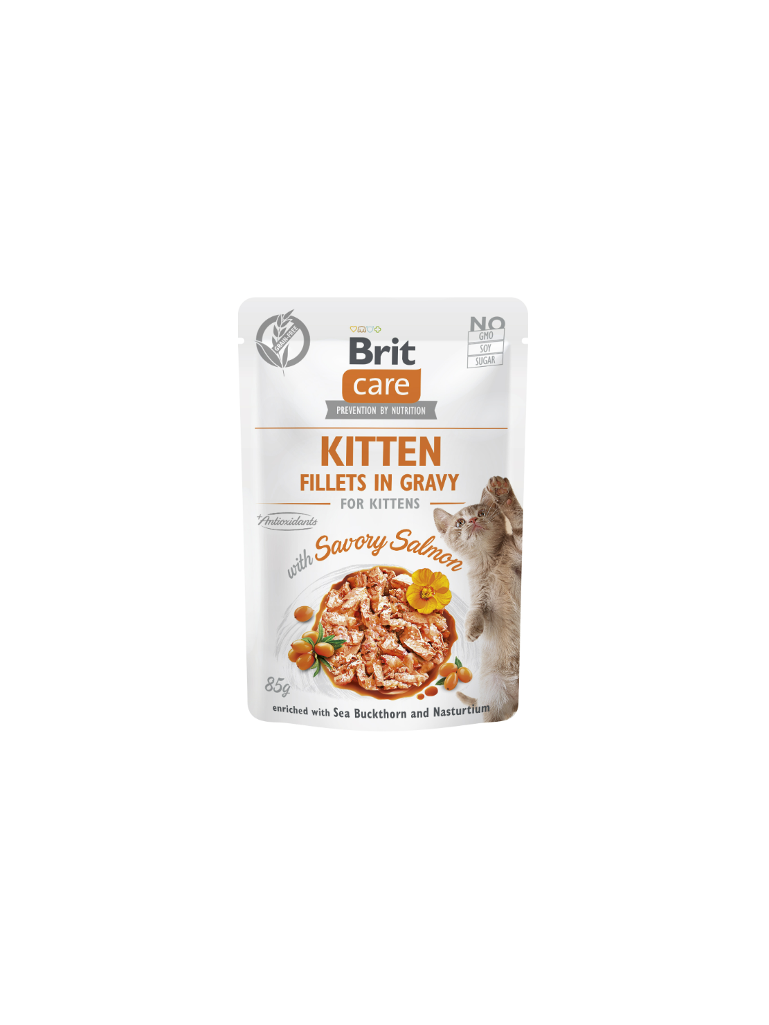 Brit Care Cat Fillets in Gravy Kitten Savory Salmon 85 g – Bezzbożowa mokra karma w sosie z filetami z łososia dla kociąt