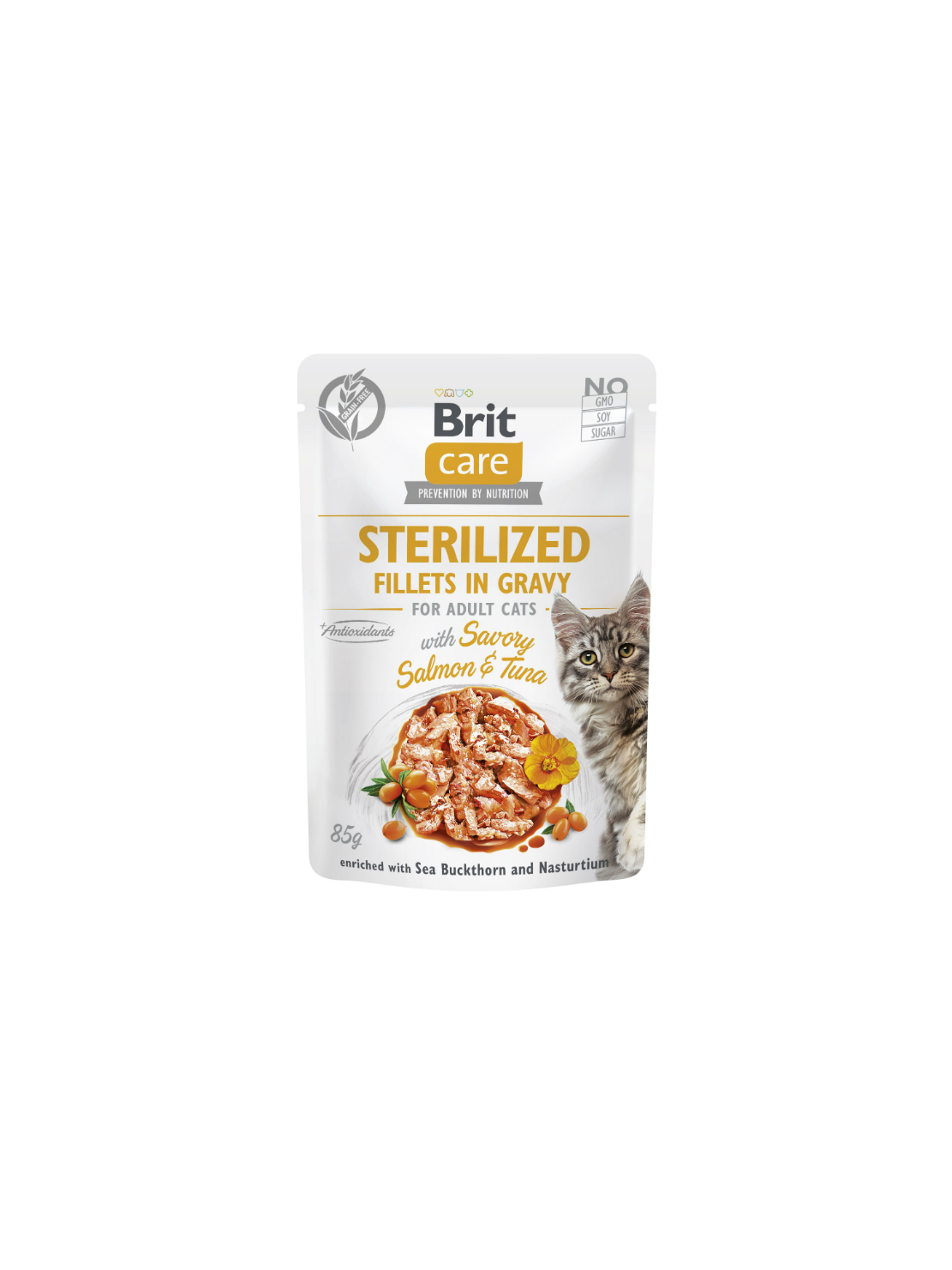 Brit Care Cat Fillets in Gravy Sterilized Salmon & Tuna 85 g – Bezzbożowa mokra karma w sosie z filetami z łososia i tuńczyka