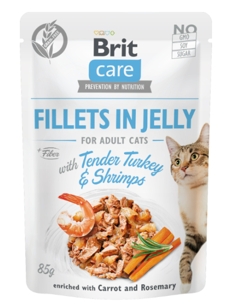 Brit Care Cat Fillets in Jelly Tender Turkey & Shrimps 85 g – Bezzbożowa mokra karma w galaretce z filetami