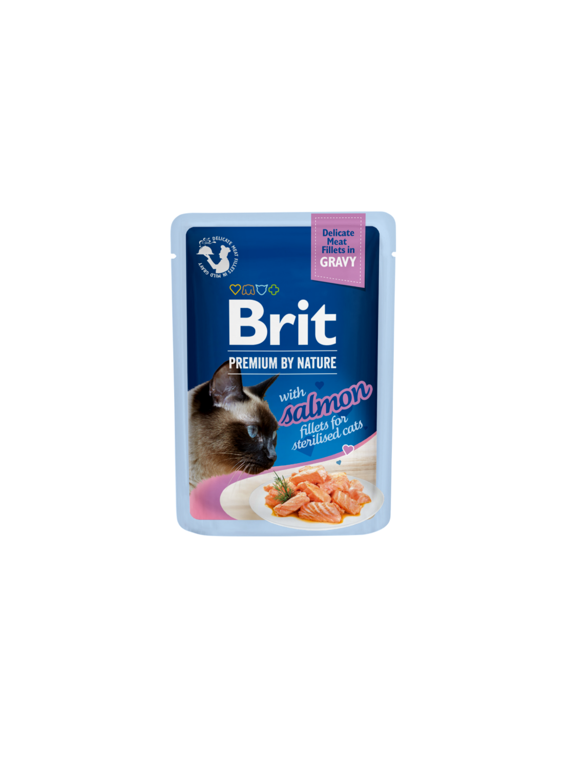 Brit Care Cat Fillets in Gravy Sterilized Savory Salmon 85 g – Bezzbożowa mokra karma w sosie z filetami z łososia dla kotów