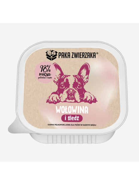 Paka Zwierzaka Tacka Wołowina i śledź 150 g – Pełnoporcjowa mokra karma bez zbóż dla dorosłych psów