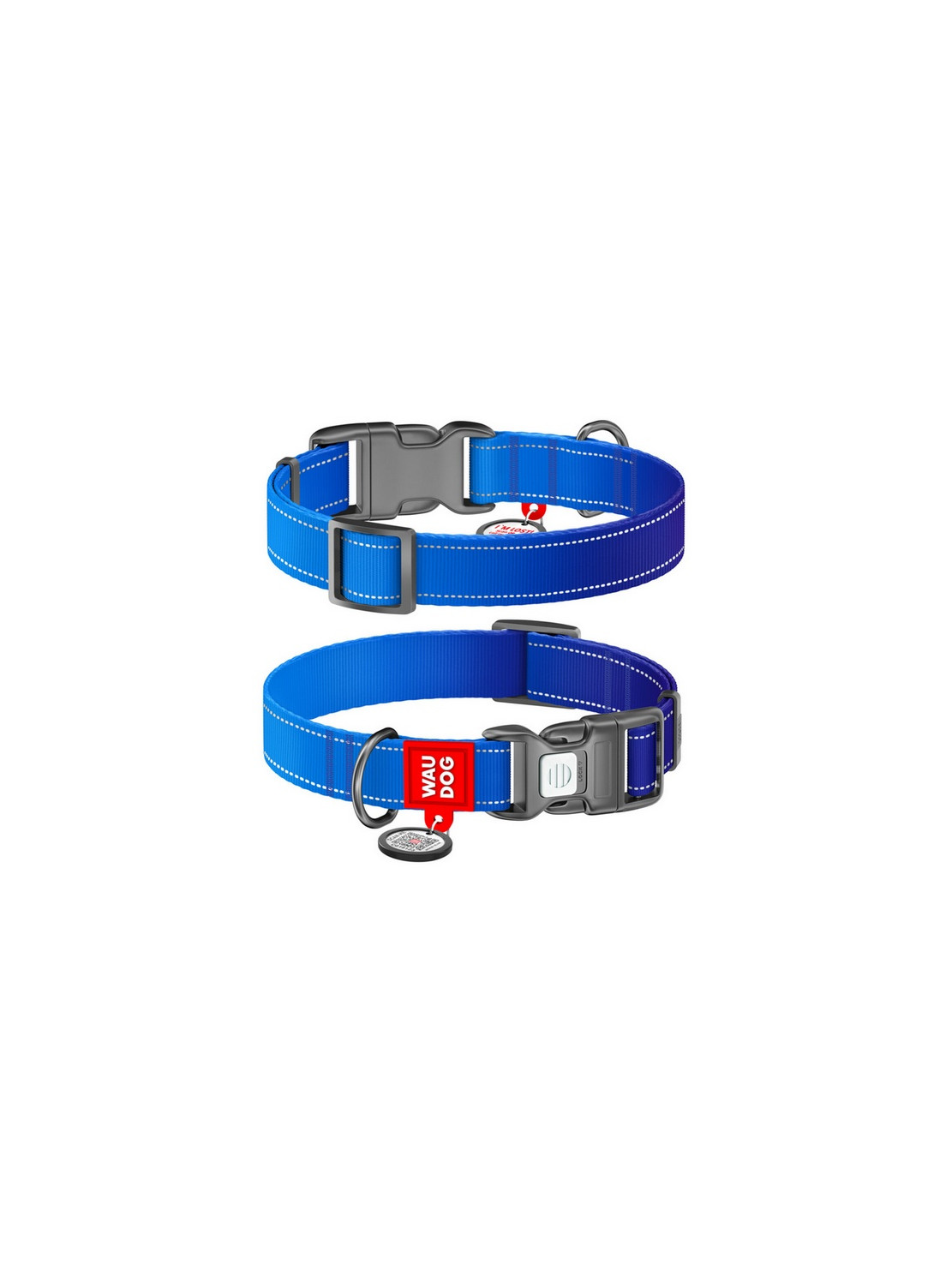 Collar WauDog Nylon Mono Obroża nylonowa odblaskowa z QR-paszportem, plastikowy fastex, L 25mm/33-49cm niebieska