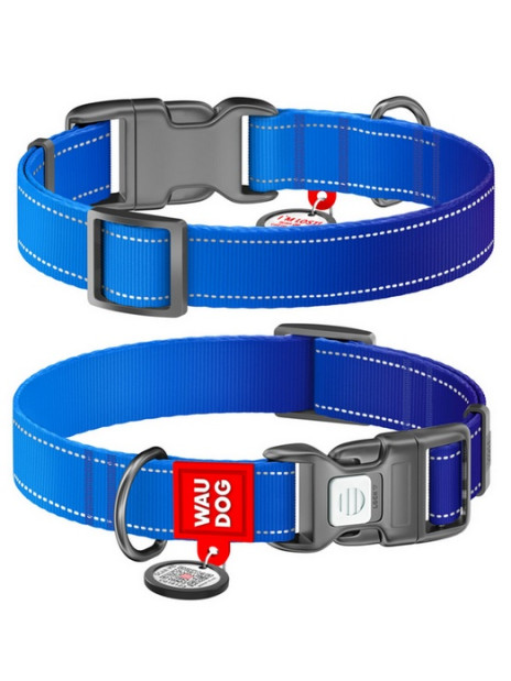 Collar WauDog Nylon Mono Obroża nylonowa odblaskowa z QR-paszportem, plastikowy fastex, L 25mm/33-49cm niebieska