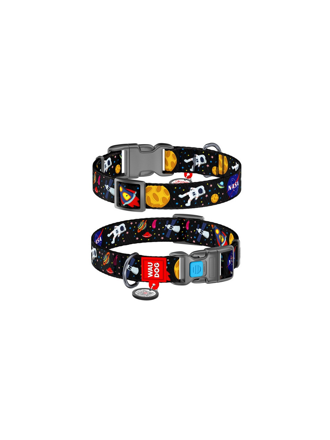 Collar WauDog Nylon Obroża nylonowa z QR-paszportem, plastikowy fastex, wzór NASA, 25mm/37-58cm