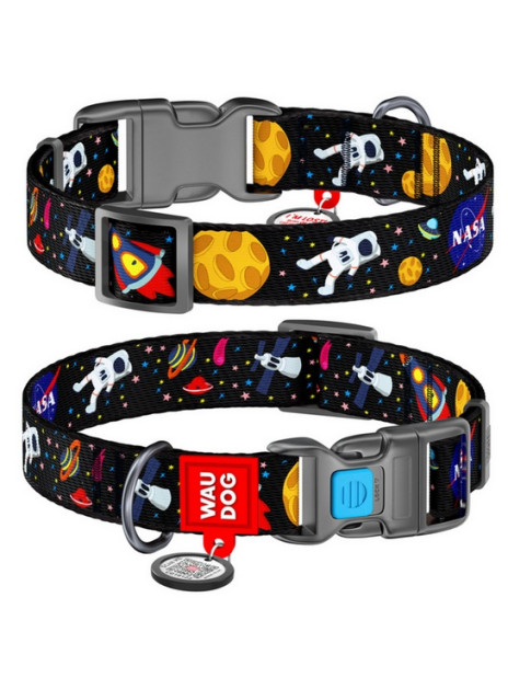 Collar WauDog Nylon Obroża nylonowa z QR-paszportem, plastikowy fastex, wzór NASA, 25mm/37-58cm