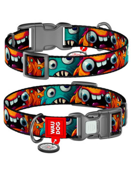 Collar WauDog Nylon Obroża nylonowa z QR-paszportem, plastikowy fastex, wzór ZĘBATE POTWORY, L 25mm/33-49cm
