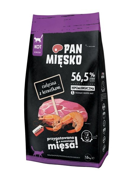 Pan Mięsko Karma sucha dla kota - cielęcina i krewetki chrupki S 1,6kg