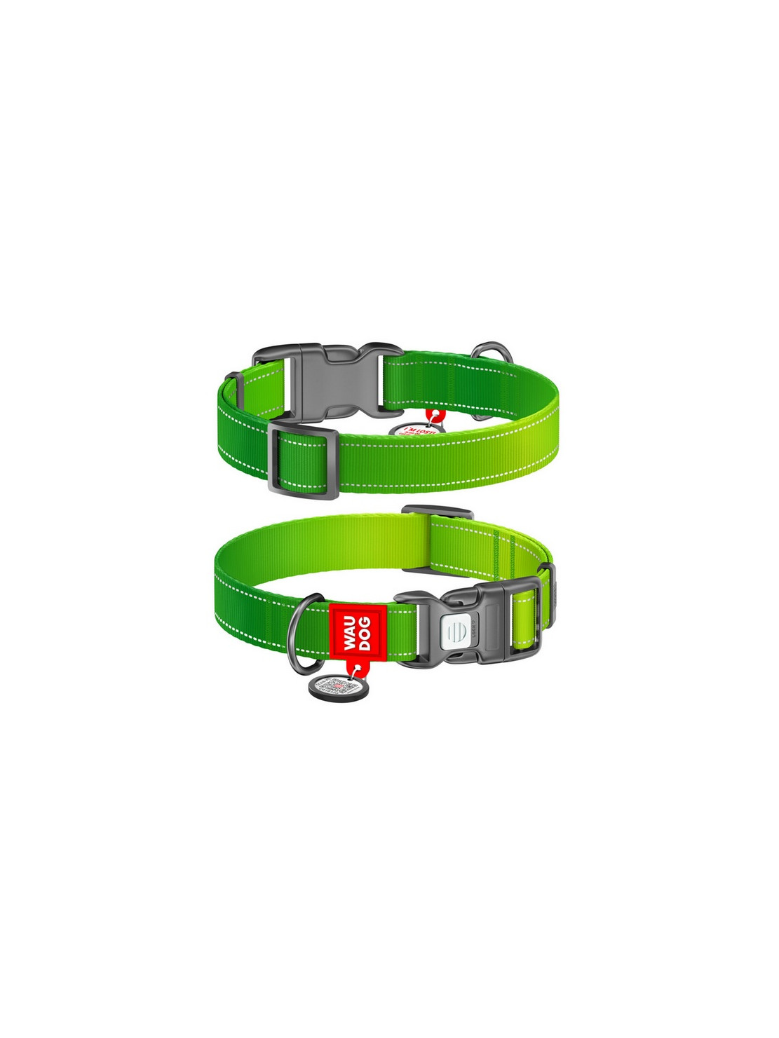 Collar WauDog Nylon Mono Obroża nylonowa odblaskowa z QR-paszportem, plastikowy fastex, M 20mm/28-40cm jasnozielona