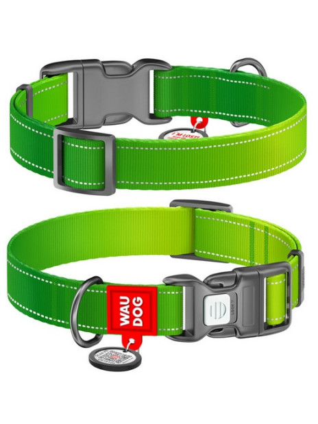 Collar WauDog Nylon Mono Obroża nylonowa odblaskowa z QR-paszportem, plastikowy fastex, M 20mm/28-40cm jasnozielona