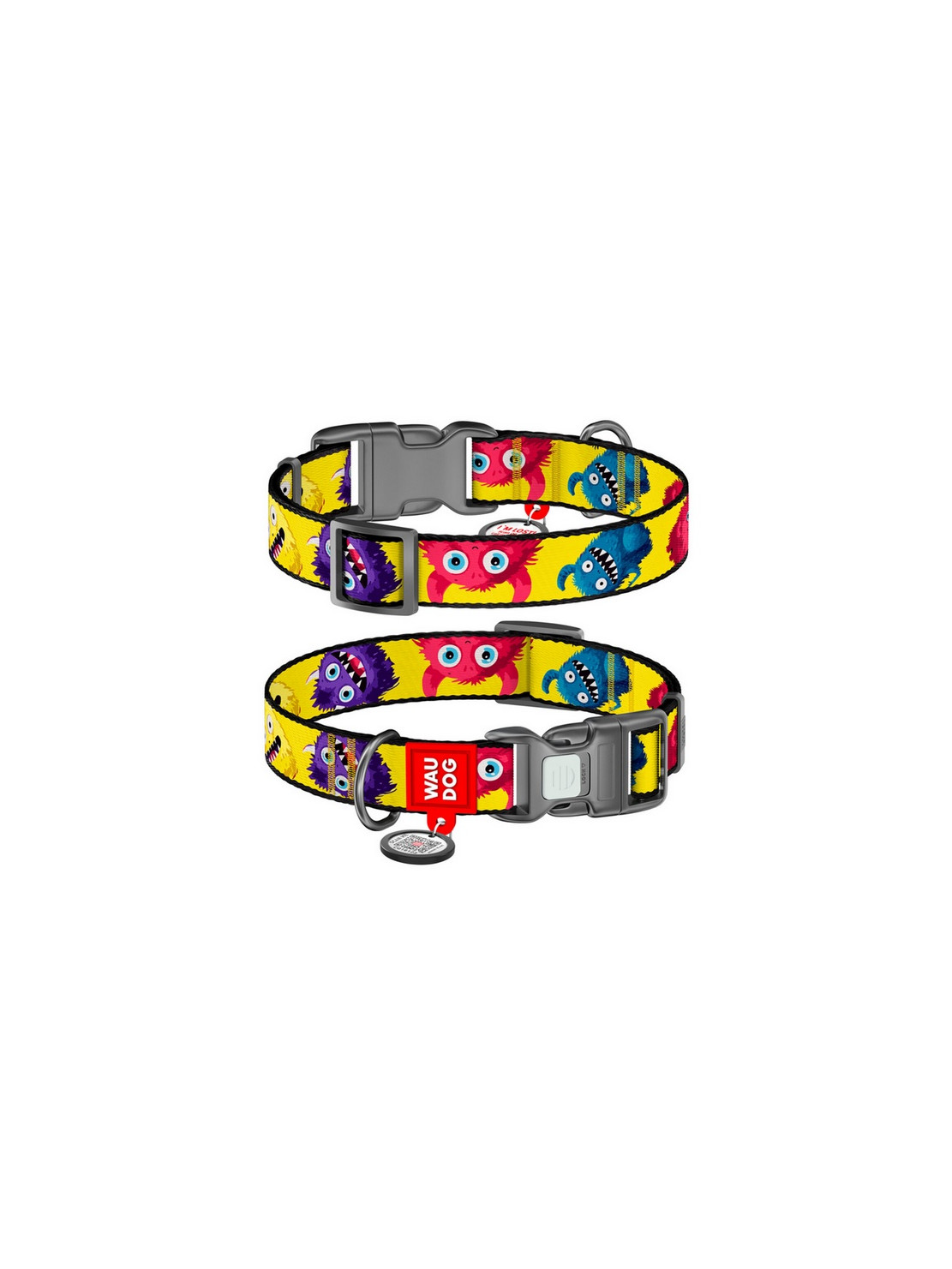 Collar WauDog Nylon Obroża nylonowa z QR-paszportem, plastikowy fastex, wzór FUTRZANE POTWORY, M 20mm/28-40cm