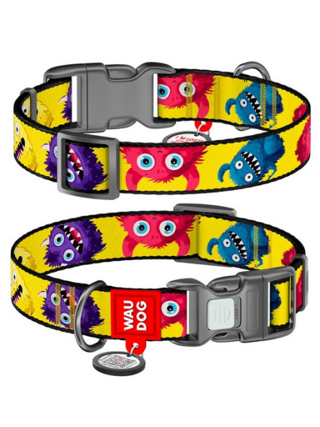 Collar WauDog Nylon Obroża nylonowa z QR-paszportem, plastikowy fastex, wzór FUTRZANE POTWORY, S 15mm/25-35cm