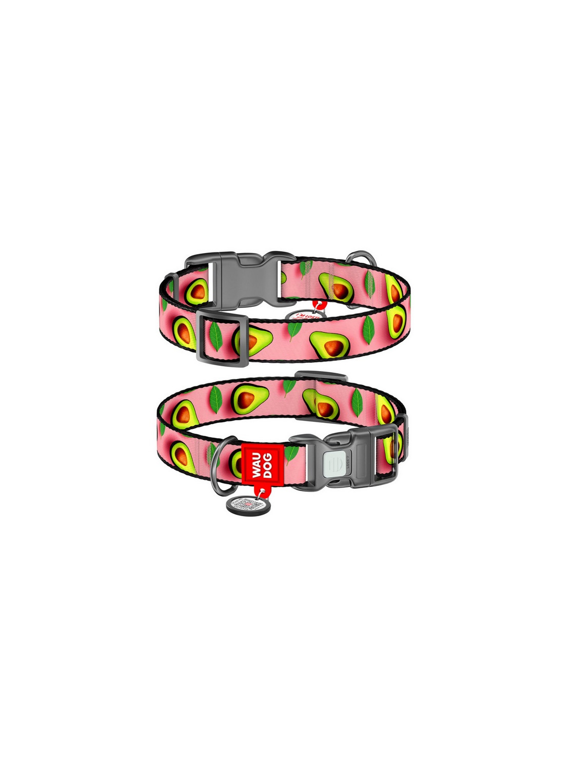 Collar WauDog Nylon Obroża nylonowa z QR-paszportem, plastikowy fastex, wzór AWOKADO NA RÓŻU, S 15mm/25-35cm