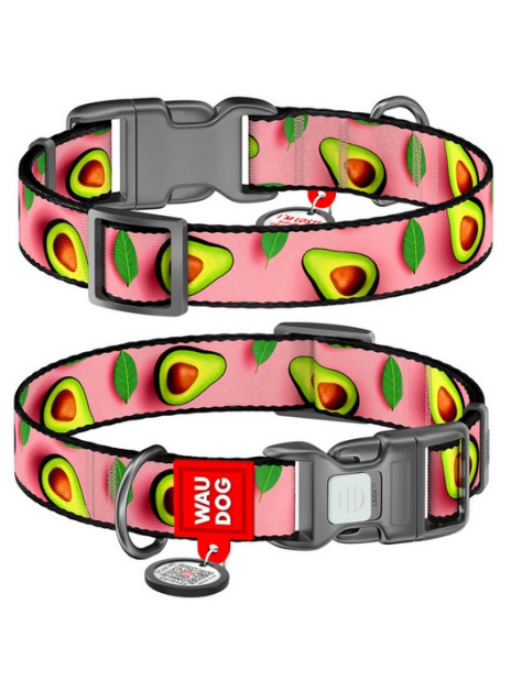 Collar WauDog Nylon Obroża nylonowa z QR-paszportem, plastikowy fastex, wzór AWOKADO NA RÓŻU, S 15mm/25-35cm