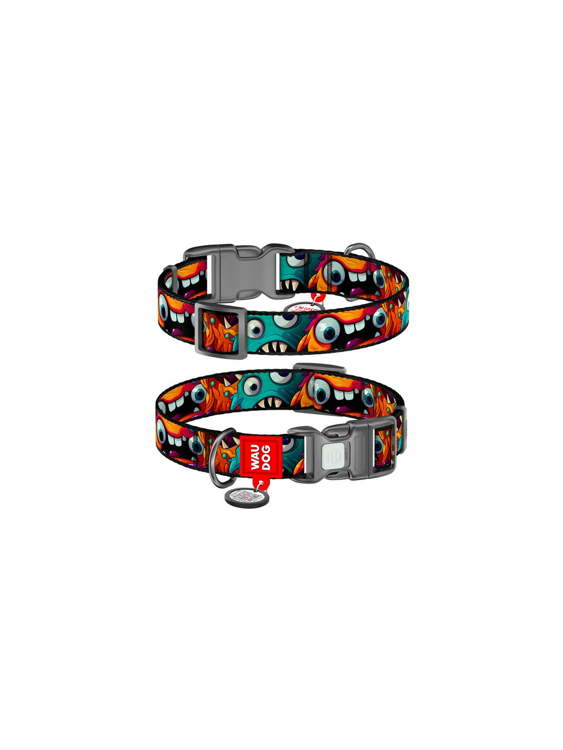 Collar WauDog Nylon Obroża nylonowa z QR-paszportem, plastikowy fastex, wzór ZĘBATE POTWORY, S 15mm/25-35cm