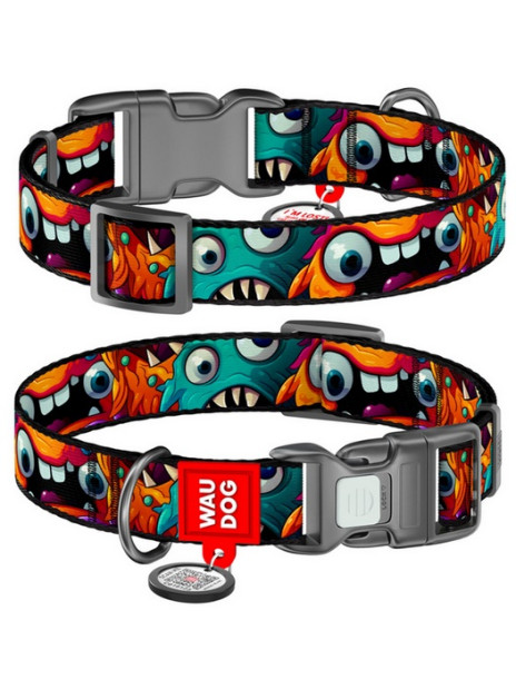 Collar WauDog Nylon Obroża nylonowa z QR-paszportem, plastikowy fastex, wzór ZĘBATE POTWORY, S 15mm/25-35cm
