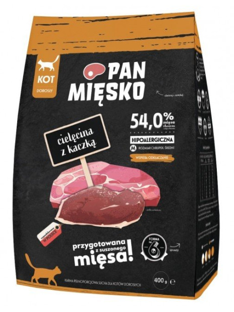 Pan Mięsko Karma sucha dla kota - cielęcina i kaczka chrupki M 400g
