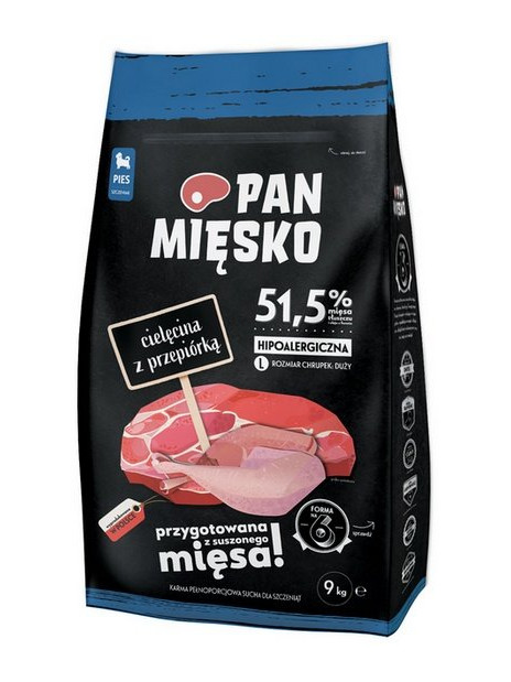 Pan Mięsko Karma sucha dla psa - dla szczeniąt cielęcina i przepiórka chrupki L 9kg