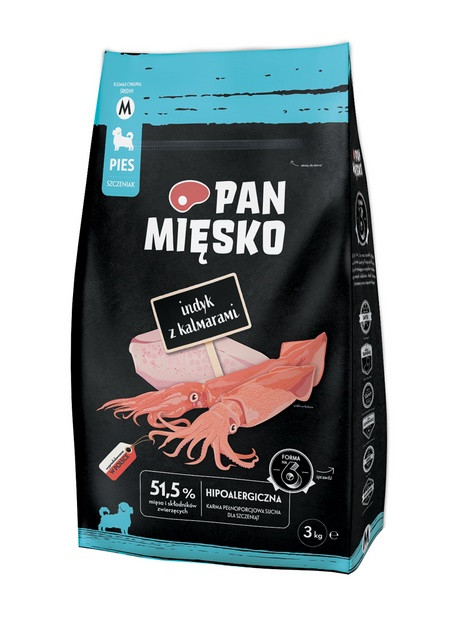 Pan Mięsko Karma sucha dla szczeniąt - indyk i kalmary chrupki M 3kg
