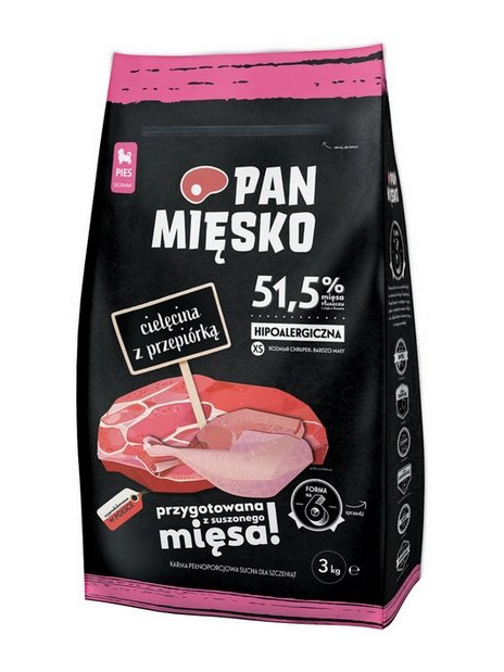 Pan Mięsko Karma sucha dla szczeniąt - cielęcina i przepiórka chrupki XS 3kg