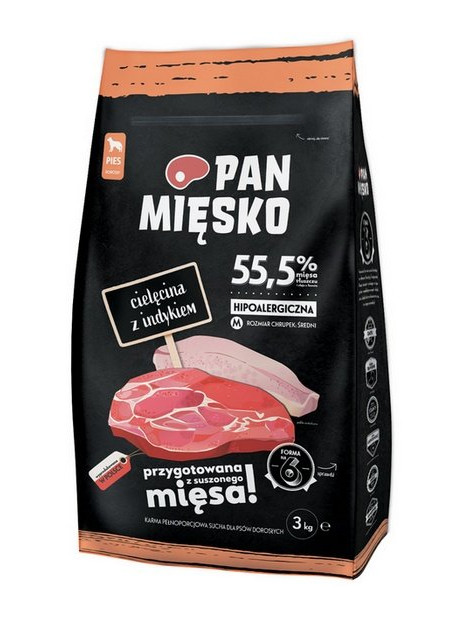 Pan Mięsko Karma sucha dla psa - cielęcina i indyk chrupki M 3kg
